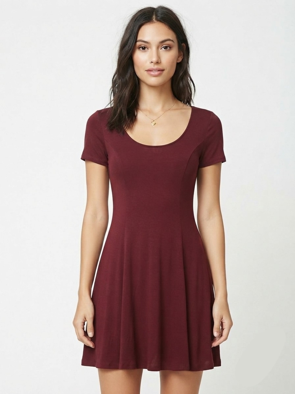 Forever 21 - Scoop Neck Short Sleeve Skater Dress in Burgundy